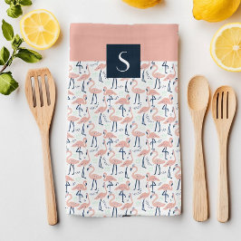 Paño De Cocina Patrón moderno de flamenco rosado monograma