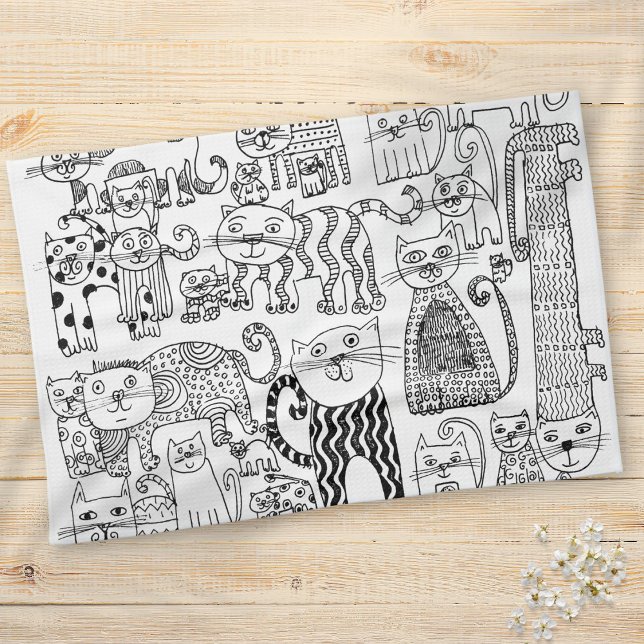 Paño De Cocina Patrón moderno de gatos negros y blancos (Modern Trendy Black and White Cats Pattern Kitchen Towel)