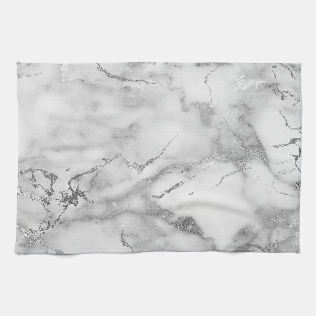 Paño De Cocina Patrón moderno de mármol blanco y plateado (Horizontal)
