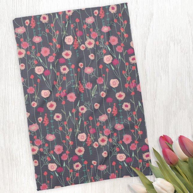 Paño De Cocina Patrón negro rosa floral (Boho floral pink and charcoal gray kitchen towel)