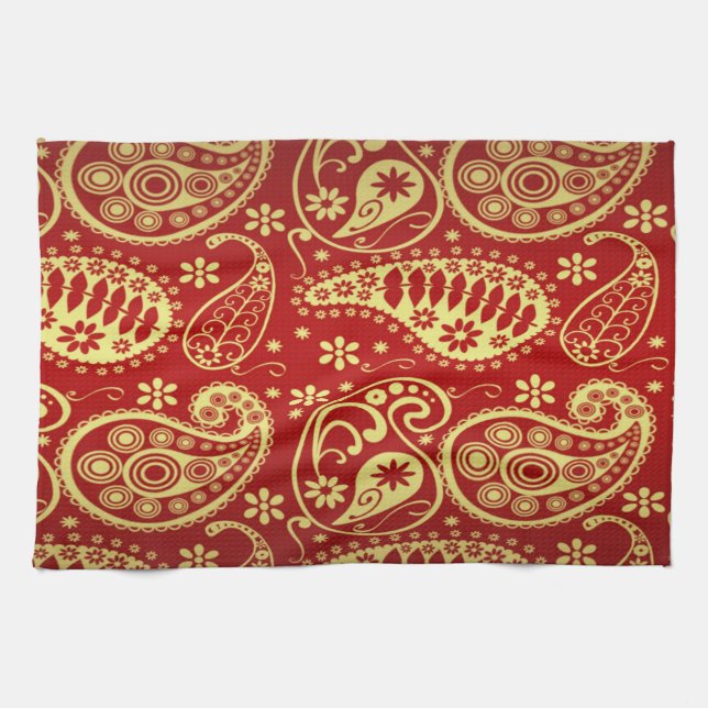 Paño De Cocina Patrón Oro Y Paisley Rojo (Horizontal)