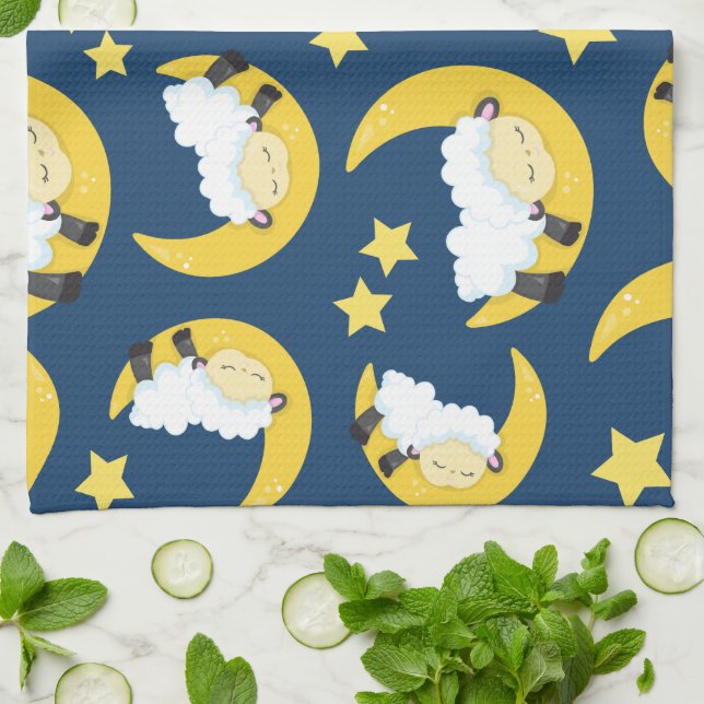 Paño De Cocina Patrón ovino, oveja durmiente, luna, estrellas (Doblado)