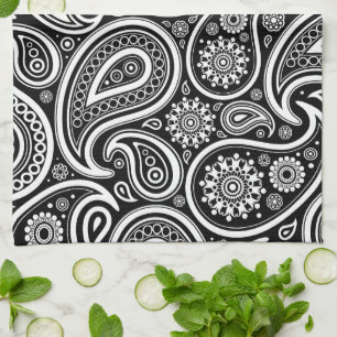 Paño De Cocina Patrón Paisley, paisley persa, negro y blanco