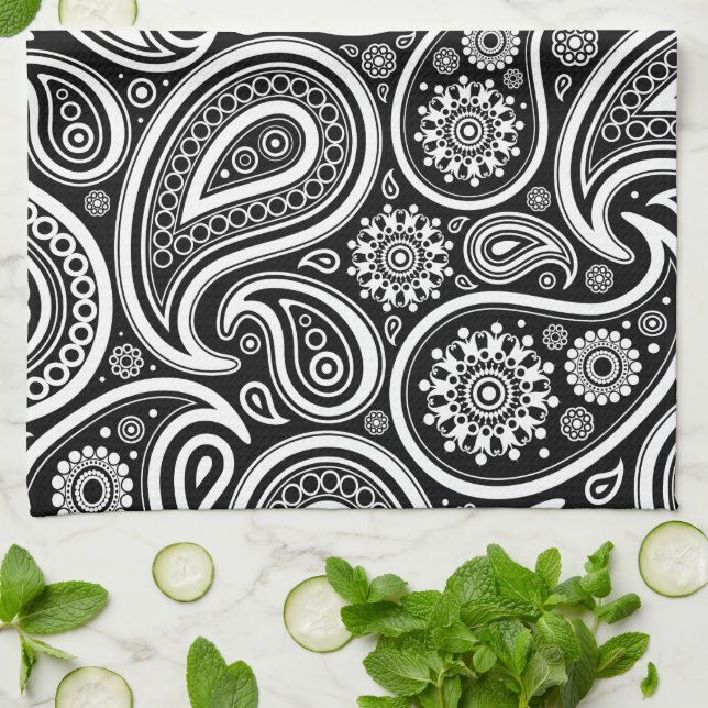 Paño De Cocina Patrón Paisley, paisley persa, negro y blanco (Doblado)