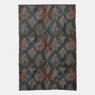 Paño De Cocina Patrón Persa Damask Noir Dorado (2)