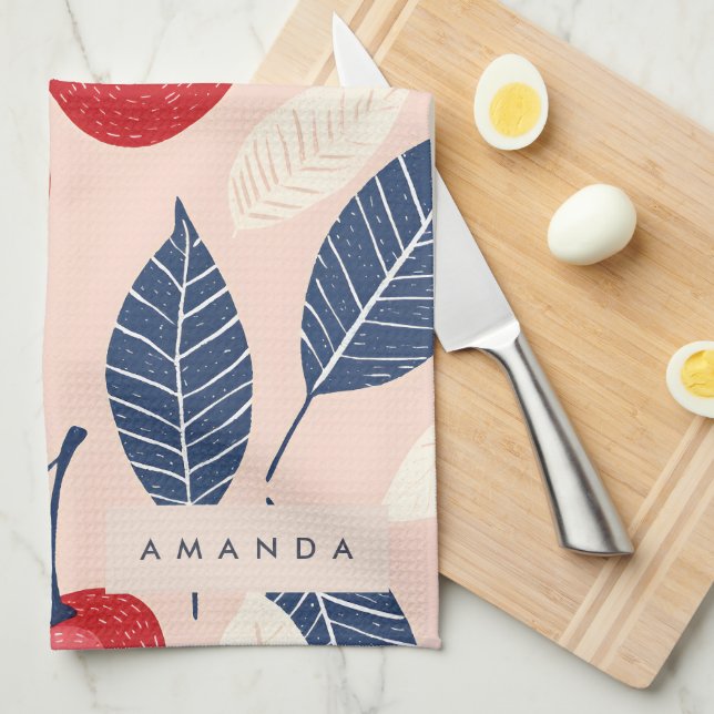 Paño De Cocina Patrón personalizado de cerezo y hoja monograma (Doblado Cuarto)