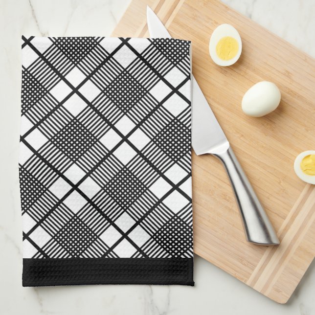 Paño De Cocina Patrón plano horizontal negro y blanco (Doblado Cuarto)