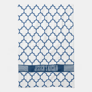 Paño De Cocina Patrón Quatrefoil azul blanco y naval