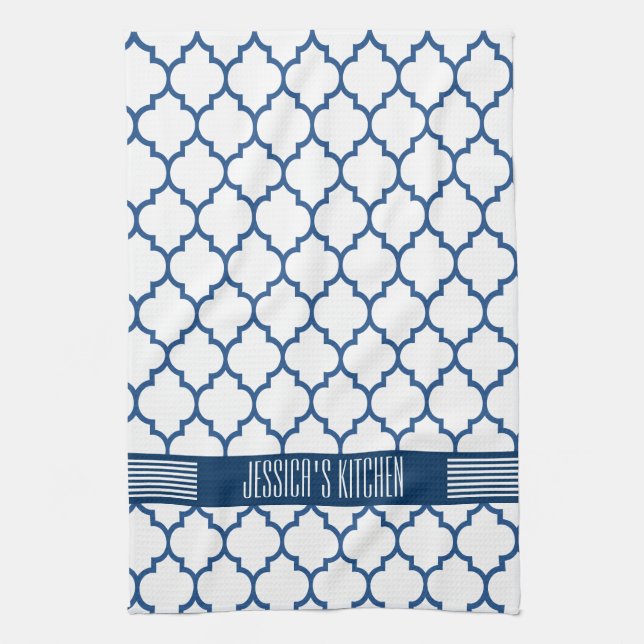 Paño De Cocina Patrón Quatrefoil azul blanco y naval (Vertical)