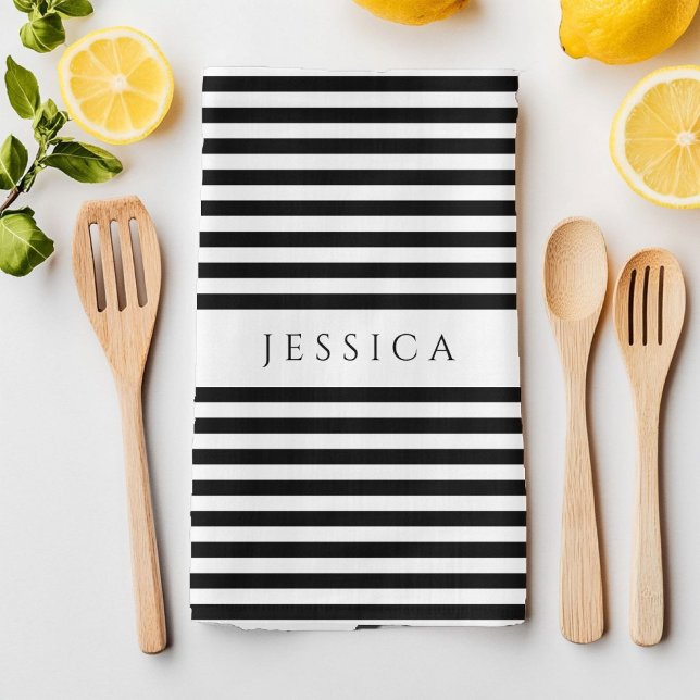 Paño De Cocina Patrón rayado de granjas en blanco y negro (Black & White Farmhouse Striped Pattern Kitchen Towel)
