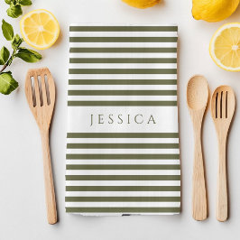 Paño De Cocina Patrón rayado de Olive Green & White Farmhouse