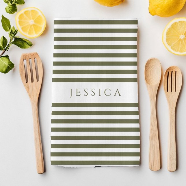 Paño De Cocina Patrón rayado de Olive Green & White Farmhouse (Olive Green & White Farmhouse Striped Pattern Kitchen Towel)