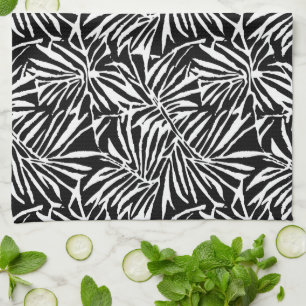 Paño De Cocina Patrón repetitivo de hoja tropical en blanco y neg