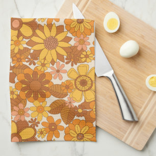 Paño De Cocina Patrón retro floral vintage años 70 amarillo marró