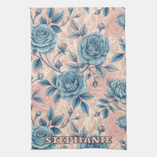 Paño De Cocina Patrón Rosa azul retro sobre fondo rosa suave