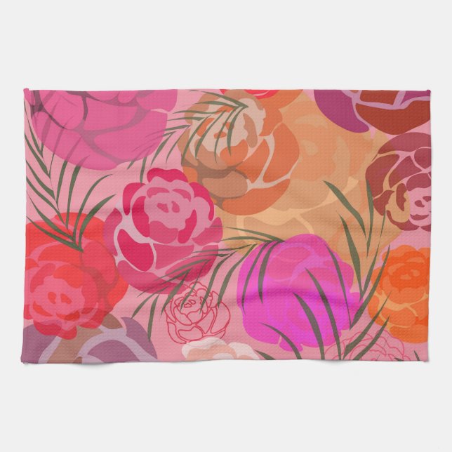 Paño De Cocina Patrón rosa con flores y plantas (Horizontal)
