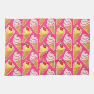 Paño De Cocina Patrón rosa de Kawaii con helado de fresa
