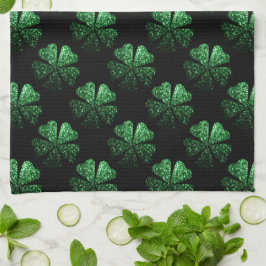 Paño De Cocina Patrón Shamrock oscuro verde brillante sobre negro