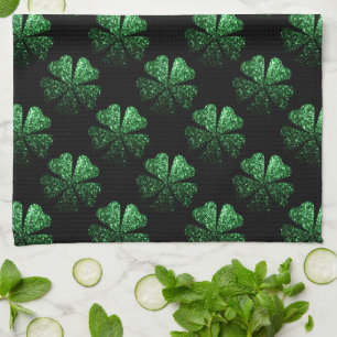 Paño De Cocina Patrón Shamrock oscuro verde brillante sobre negro