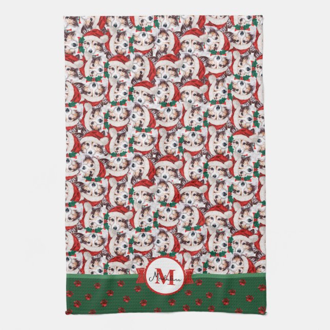 Paño De Cocina Patrón Sheltie Monograma Navidad Perro (Vertical)