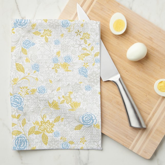Paño De Cocina Patrón sin foco de flor floral turquesa (Doblado Cuarto)