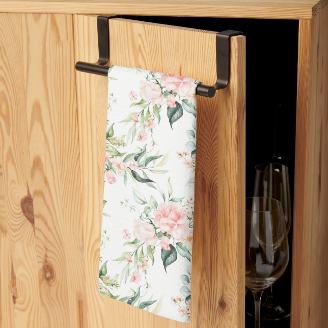 Paño De Cocina Patrón suave de flor rosa rosada en pasto (Pliegue de tercios)