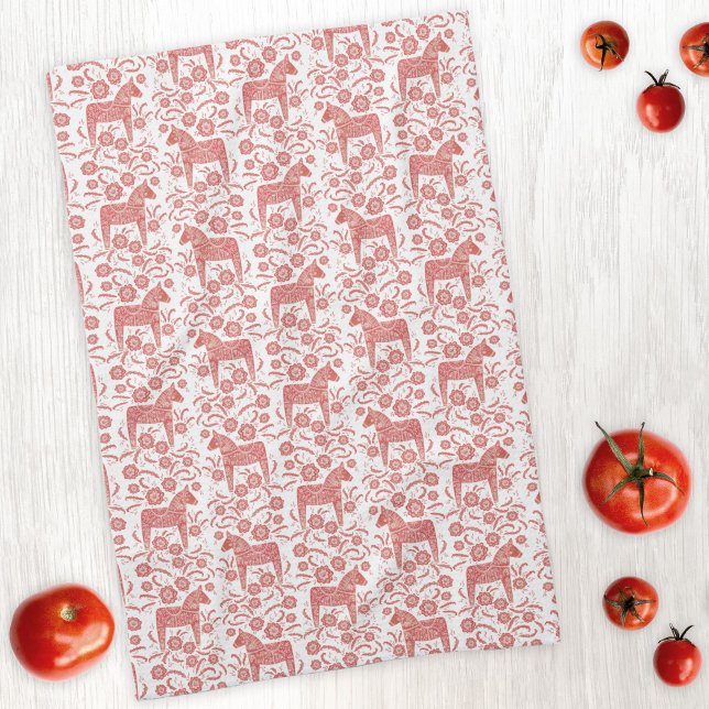 Paño De Cocina Patrón sueco de arte folclórico de Caballo Dala (Swedish Dala horse red and white folk art kitchen towel)