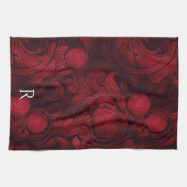 Paño De Cocina Patrón Swirl de resumen rojo oscuro monogramado