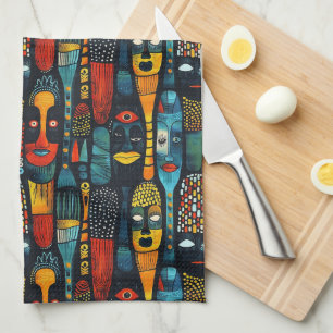 Paño De Cocina Patrón tribal africano con ídolos.