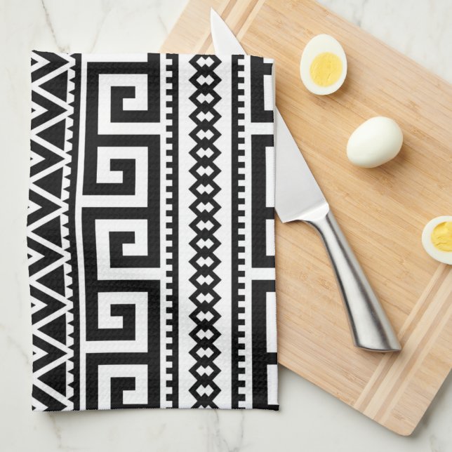 Paño De Cocina Patrón tribal azteca azul blanco negro boho (Doblado Cuarto)