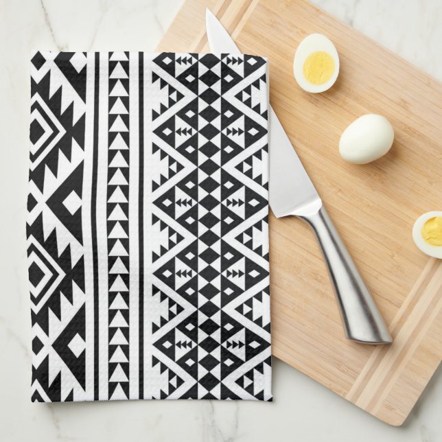 Paño De Cocina Patrón tribal azteca azul blanco negro boho (Doblado Cuarto)