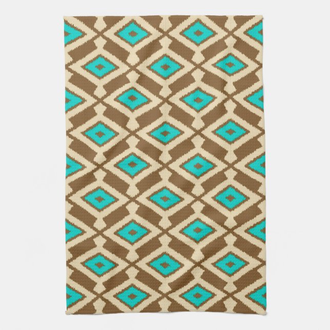 Paño De Cocina Patrón tribal de Ikat, Beige, Taupe y Turquesa (Vertical)