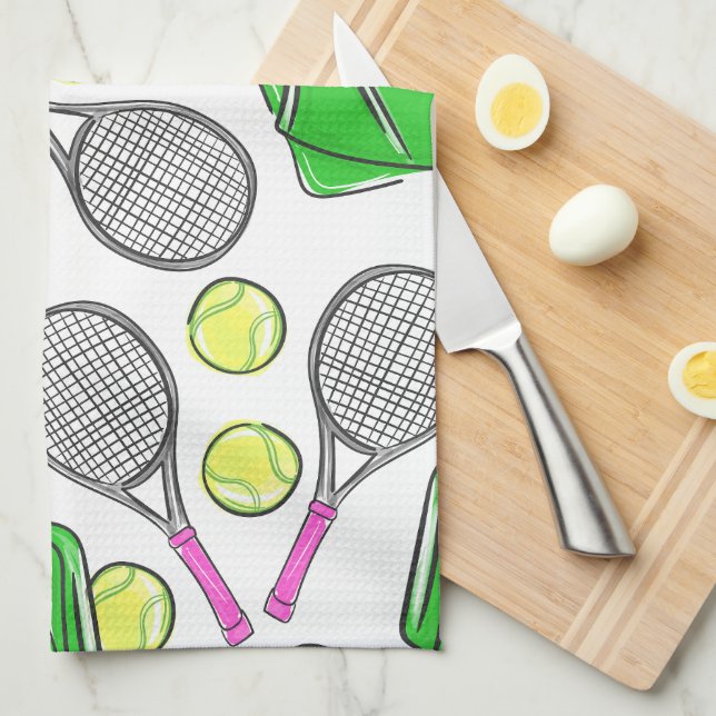 Paño De Cocina Patrón verde de raqueta de tenis rosado (Doblado Cuarto)