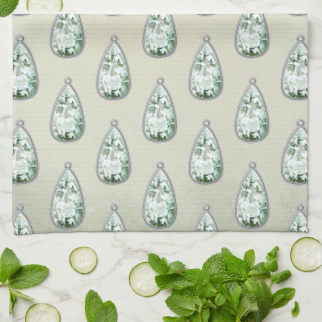 Paño De Cocina Patrón victoriano verde azulado de diamante antigu (Doblado)