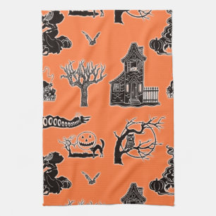 Paño De Cocina Patrón Vintage de Halloween en Naranja y Negro