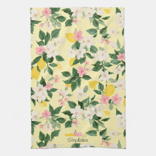 Paño De Cocina Patrón vintage de limón y flores en amarillo