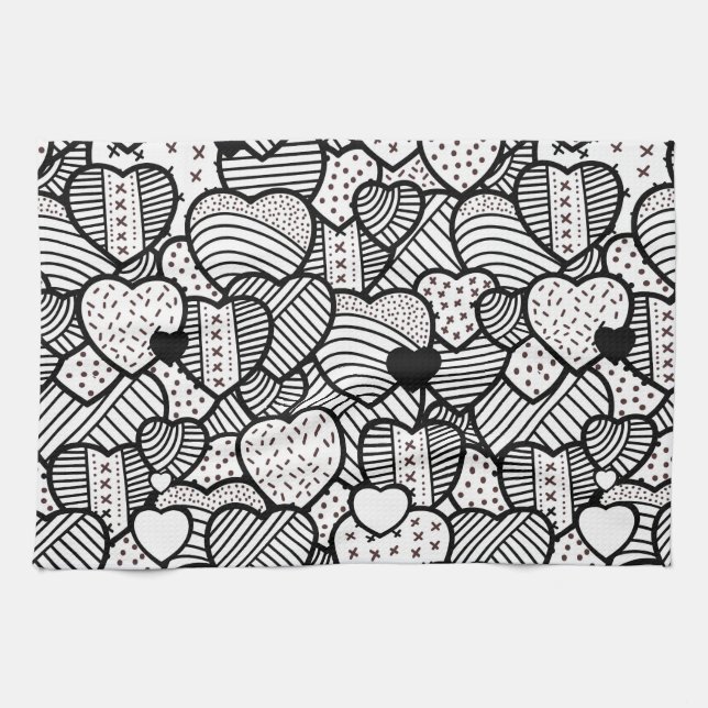 Paño De Cocina Patrones de corazones blancos negros pequeños (Horizontal)