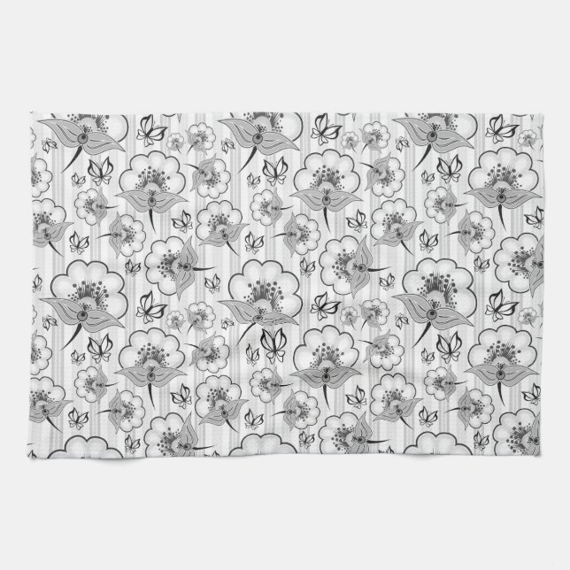 Paño De Cocina Patrones de flores sin costuras blancas y negras l (Horizontal)