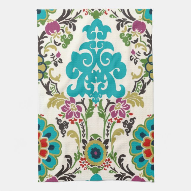Paño De Cocina Patrones florales Damask Plum Turquoise (Vertical)
