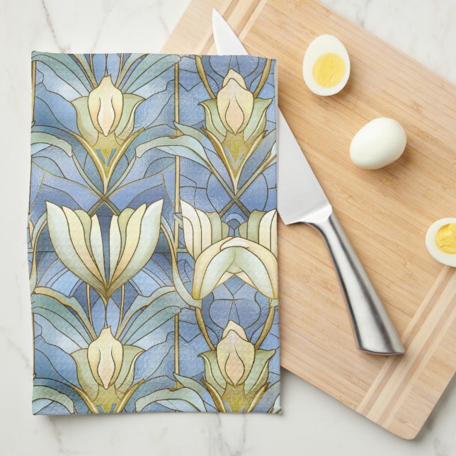 PAÑO DE COCINA PATRONES PASTEL BLUE GREEN GOLD ART DECO (Doblado Cuarto)