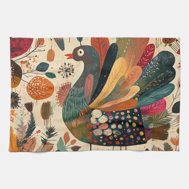 Paño De Cocina Pavo retro boho de patchwork de otoño (Horizontal)