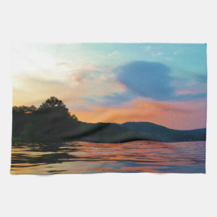Paño De Cocina Peach and Blue Sunset en el lago montañoso