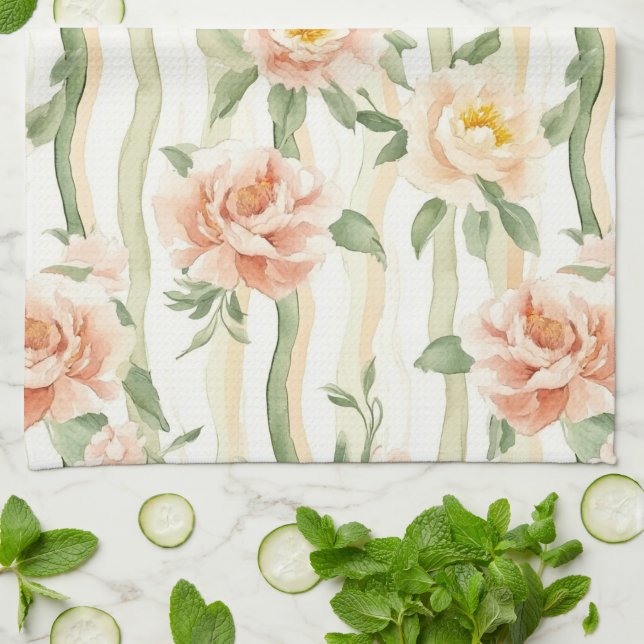 Paño De Cocina Peach Mint Roses Floral Stripes   (Doblado)
