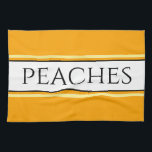 Paño De Cocina PEACHES Bonito brillante Tiras blancas amarillas d<br><div class="desc">Este divertido diseño elegante presenta texto PEACHES dentro de una amplia franja blanca central realzada con pinstripes negras,  amarillas y naranjas contra rayas exteriores brillantes de color amarillo dorado. El texto se puede personalizar.</div>