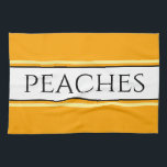 Paño De Cocina PEACHES Bonito brillante Tiras blancas amarillas d<br><div class="desc">Este divertido diseño elegante presenta texto PEACHES dentro de una amplia franja blanca central realzada con pinstripes negras,  amarillas y naranjas contra rayas exteriores brillantes de color amarillo dorado. El texto se puede personalizar.</div>