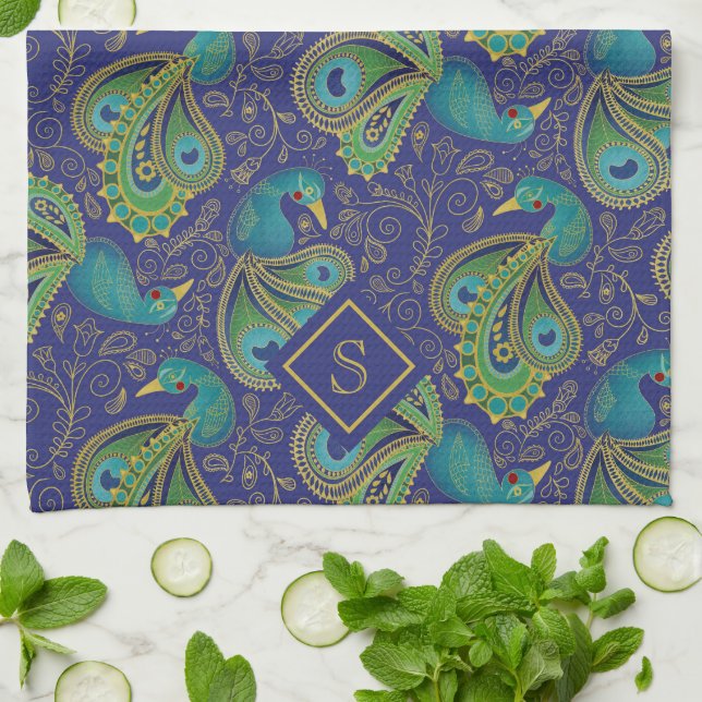 Paño De Cocina Peacock Paisley Royal Blue Monogram (Doblado)