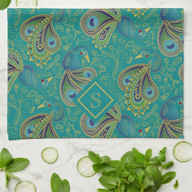Paño De Cocina Peacock Paisley Royal Teal Monogram (Doblado)