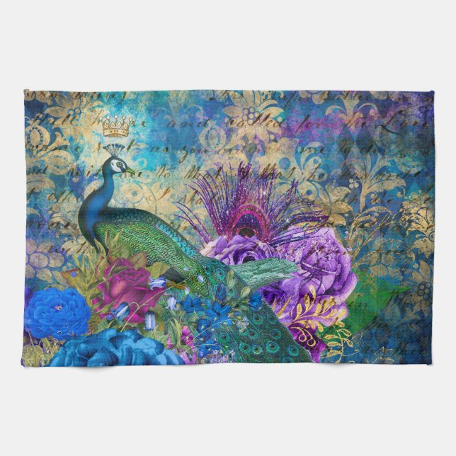 Paño De Cocina Peacock y Flores Ilustrados Antiguos Grunge (Horizontal)
