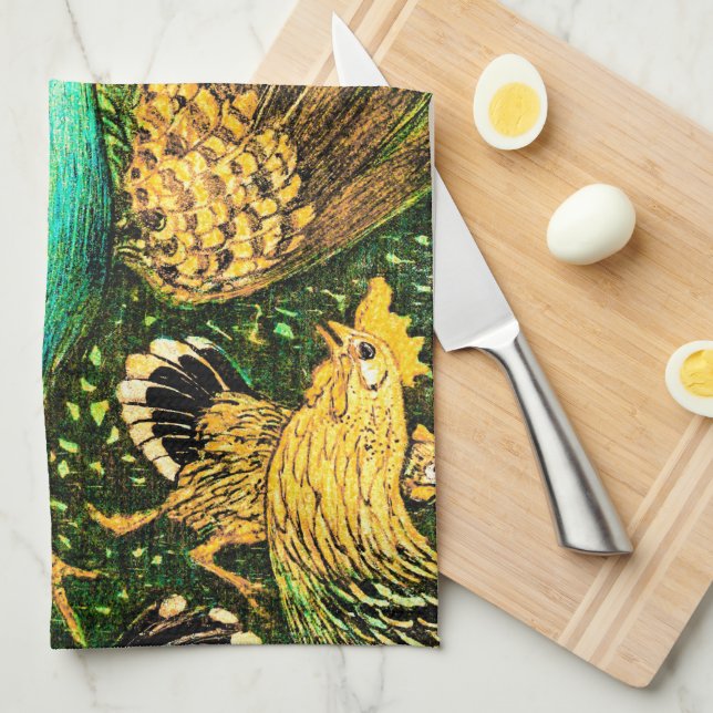 Paño De Cocina Peacock y pollos de estilo Art Nouveau de los País (Doblado Cuarto)