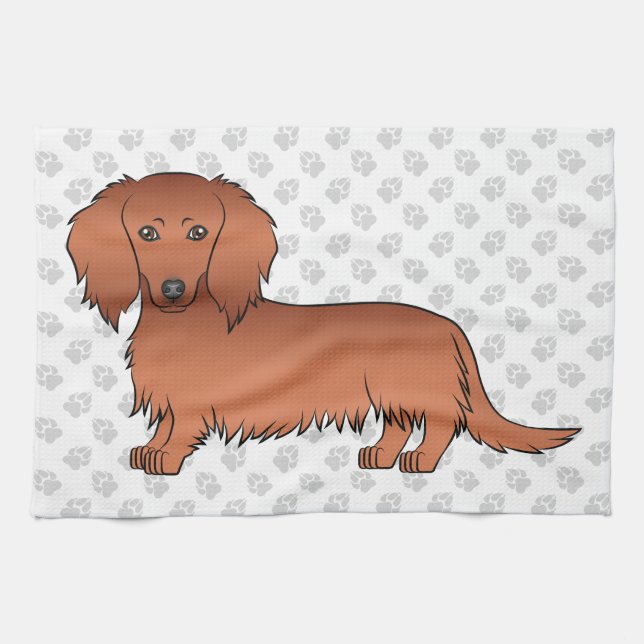 Paño De Cocina Pelo Rojo Largo Dachshund Cute Cartog Perro & Paws (Horizontal)